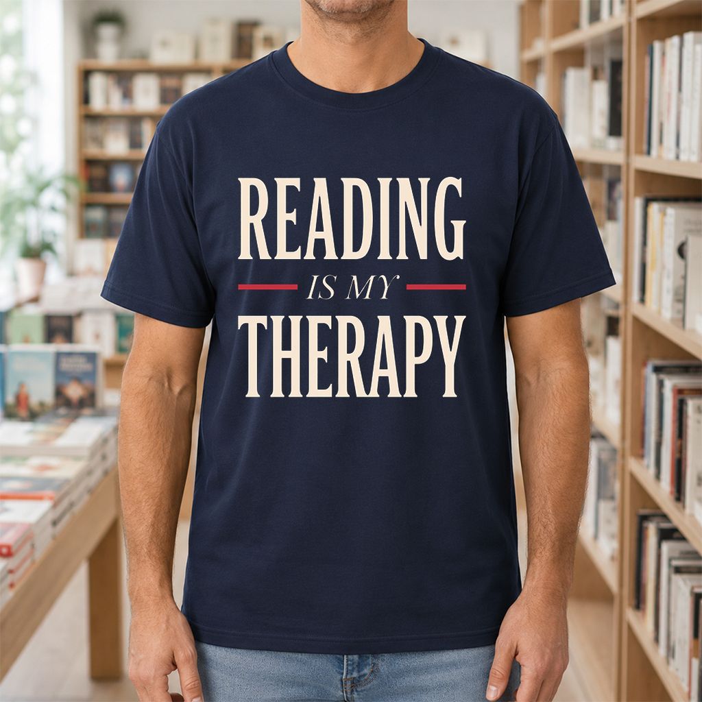 Reading Is My Therapy Printed T-Shirt | Cozy Book Lover Gift Navy