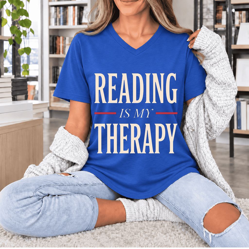 Reading Is My Therapy Ultra-Soft V-Neck | Cozy Book Lover Gift True Royal