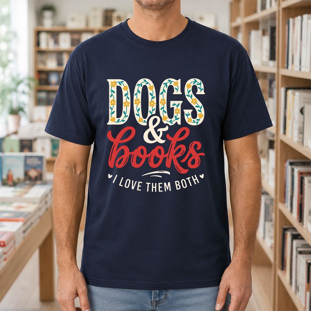 Dogs & Books I Love Them Both Printed T-Shirt | Dog Mom Reader Gift Navy