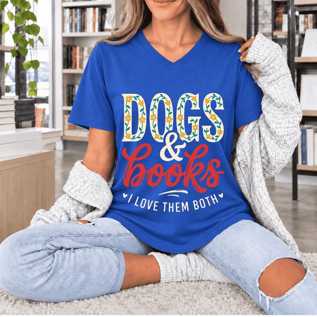 Dogs & Books I Love Them Both Ultra-Soft V-Neck | Dog Mom Reader Gift True Royal