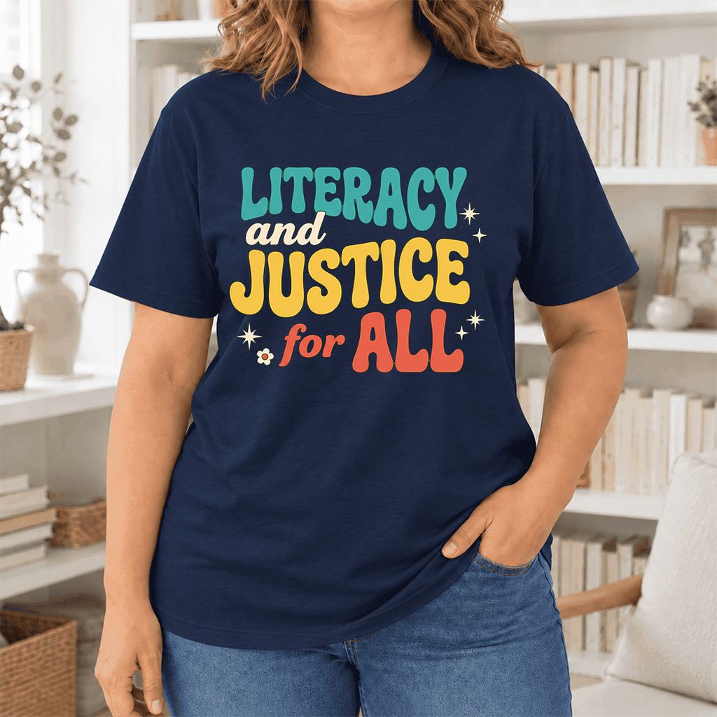 Literacy And Justice For All Ultra-Soft Cotton T-Shirt | Gift Navy