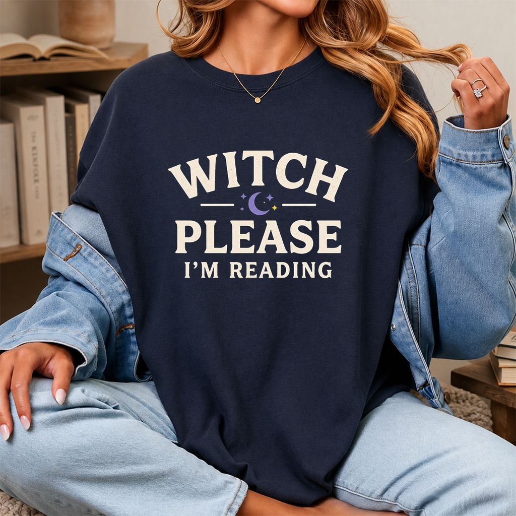 Witch Please I'm Reading Printed T-Shirt | Cozy Halloween Reader Gift Navy