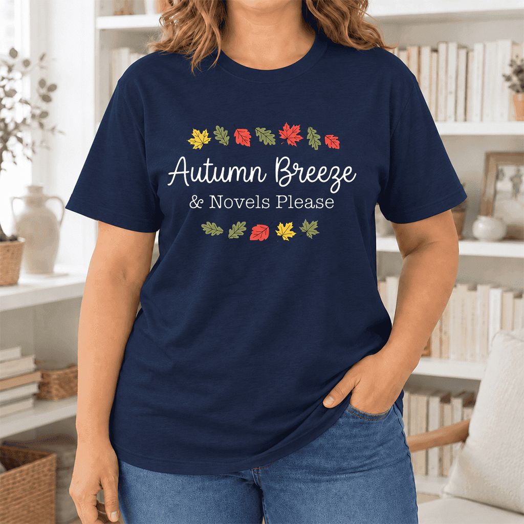 Autumn Breeze & Novels Please Ultra-Soft Cotton T-Shirt | Cozy Book Lover Gift Navy