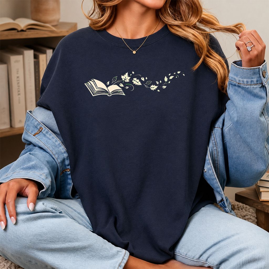 Open Book With Leaves Printed T-Shirt | Reading Life Book Lover Gift Navy