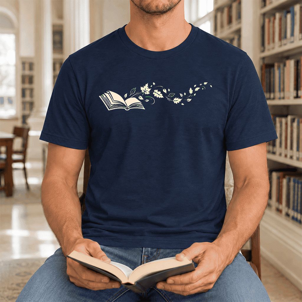 Open Book With Leaves Ultra-Soft Cotton T-Shirt | Reading Life Book Lover Gift Navy