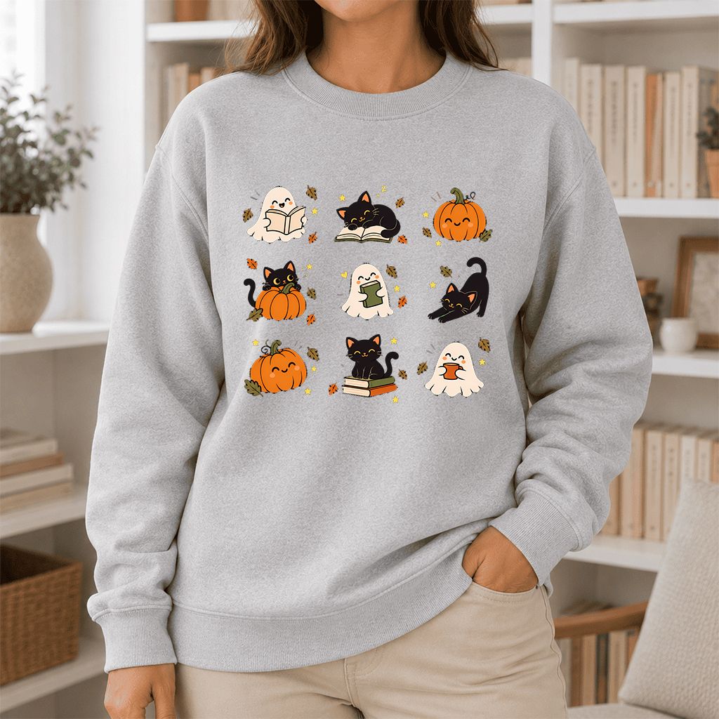 Halloween Cats, Ghosts, And Pumpkins Printed Sweatshirt | Cozy Bookish Fall Gift Sport Grey