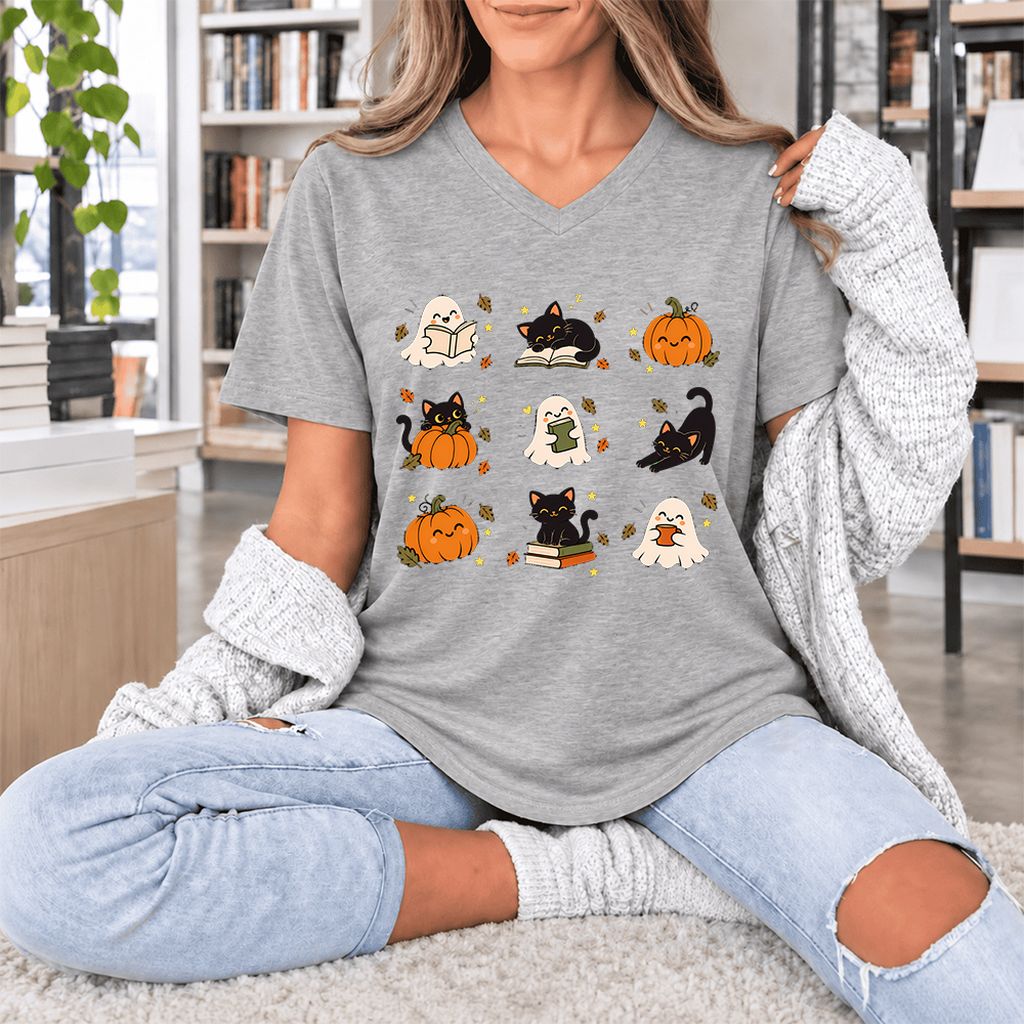 Halloween Cats, Ghosts, And Pumpkins Ultra-Soft V-Neck | Cozy Bookish Fall Gift Athletic Heather