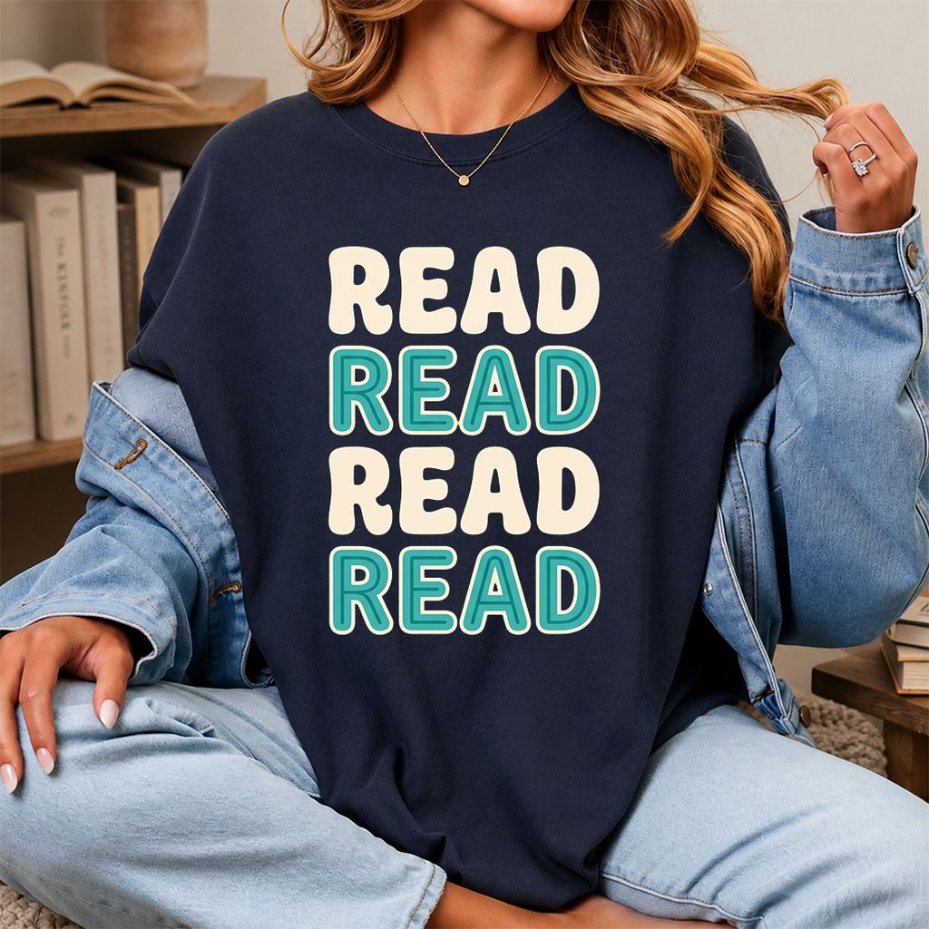 Read Read Read Read Printed T-Shirt | Simple Book Lover Gift Navy