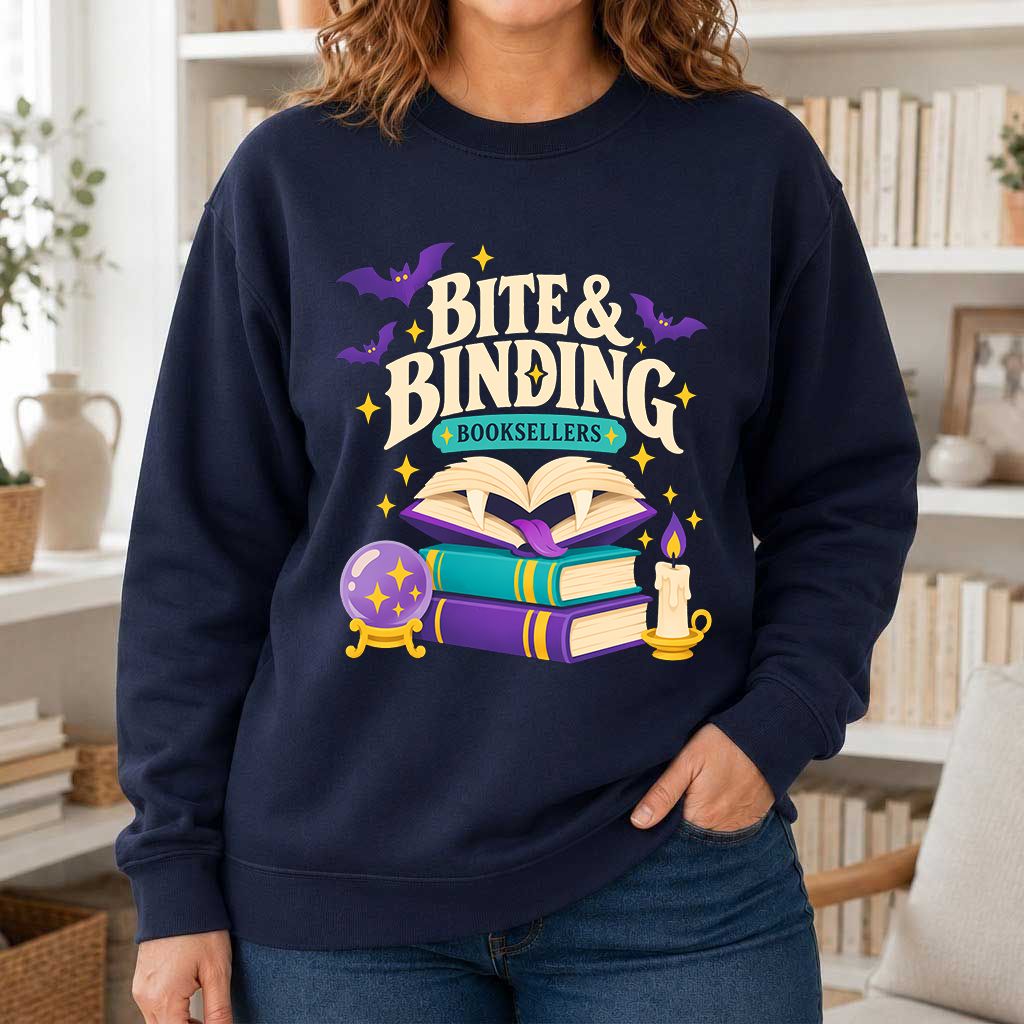 Bite & Binding Booksellers Printed Sweatshirt | Fantasy Reader Gift Navy