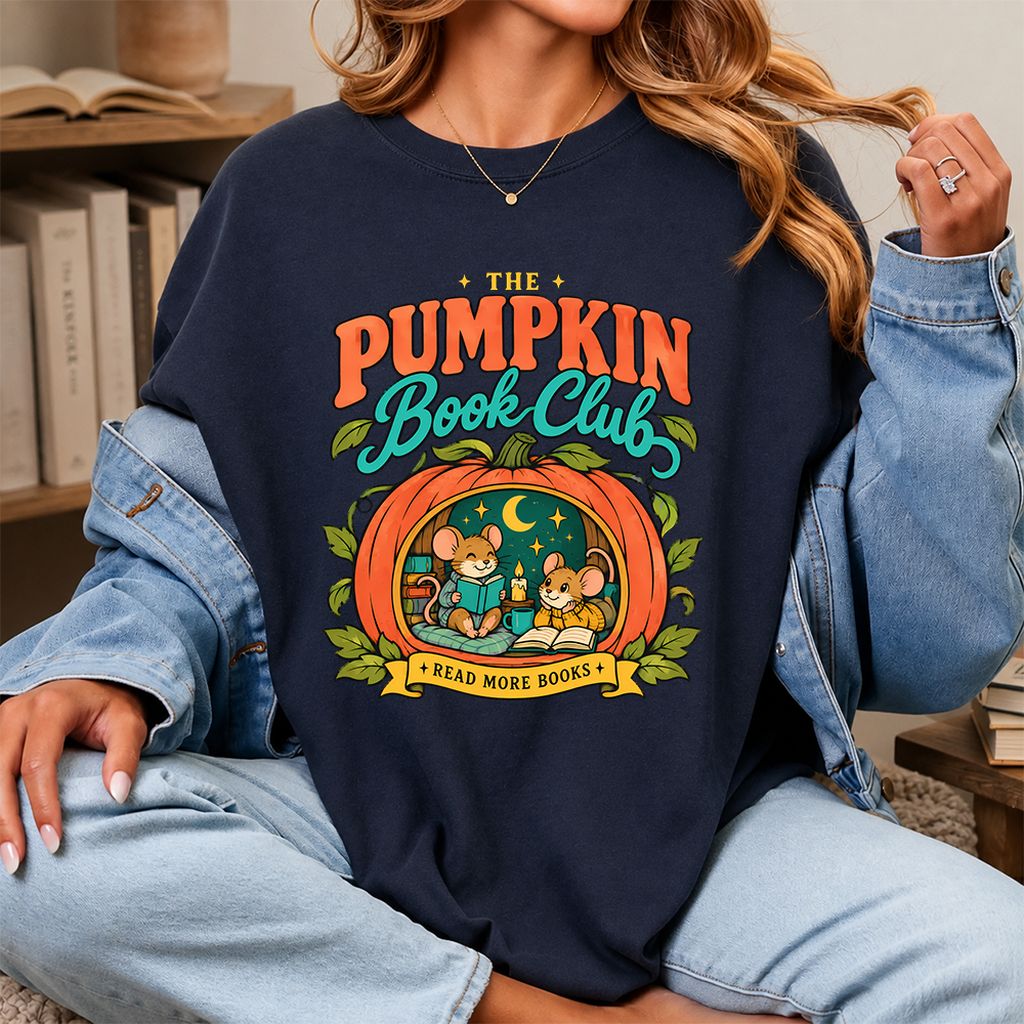 The Pumpkin Book Club Printed T-Shirt | Halloween Book Lover Gift Navy
