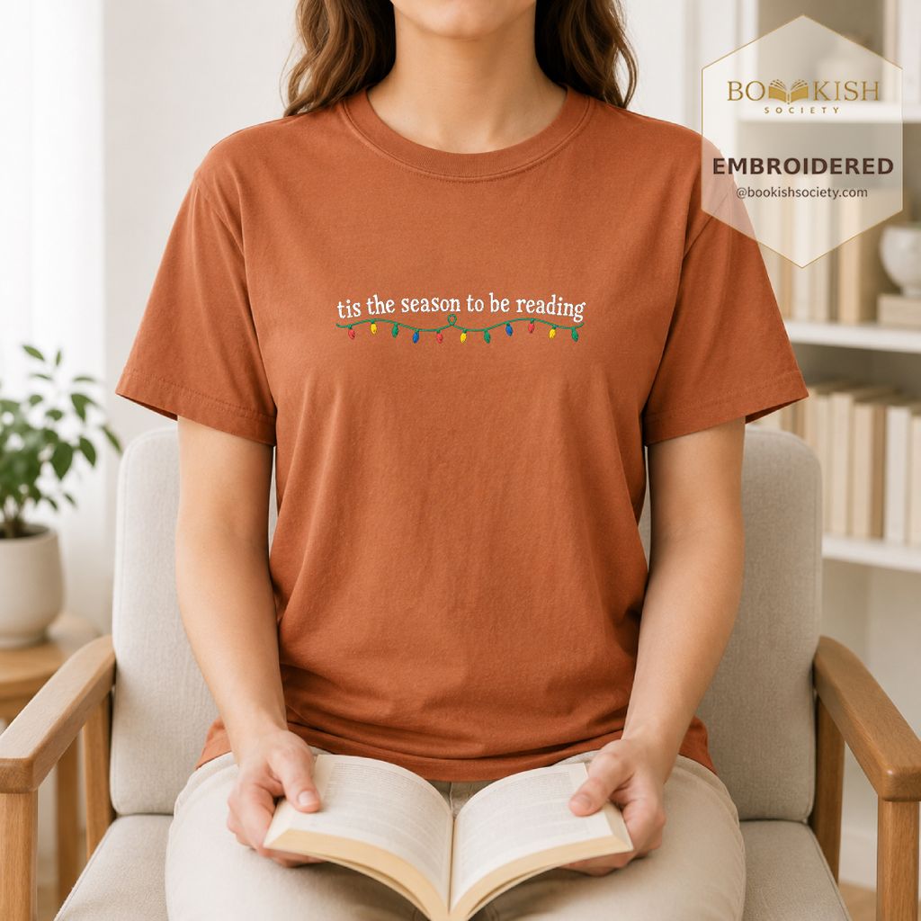 Tis The Season To Be Reading Embroidered T-Shirt | Christmas Reader Gift Yam