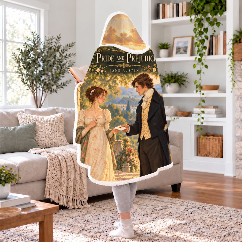 Pride And Prejudice Sherpa Hooded Blanket | Jane Austen Reader Gift White