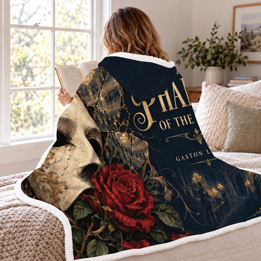 The Phantom Of The Opera Mask Sherpa Hooded Blanket | Gothic Reader Gift White