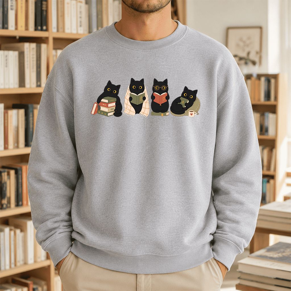 Black Cats Reading Together Printed Sweatshirt | Cozy Cat Lover Gift Sport Grey