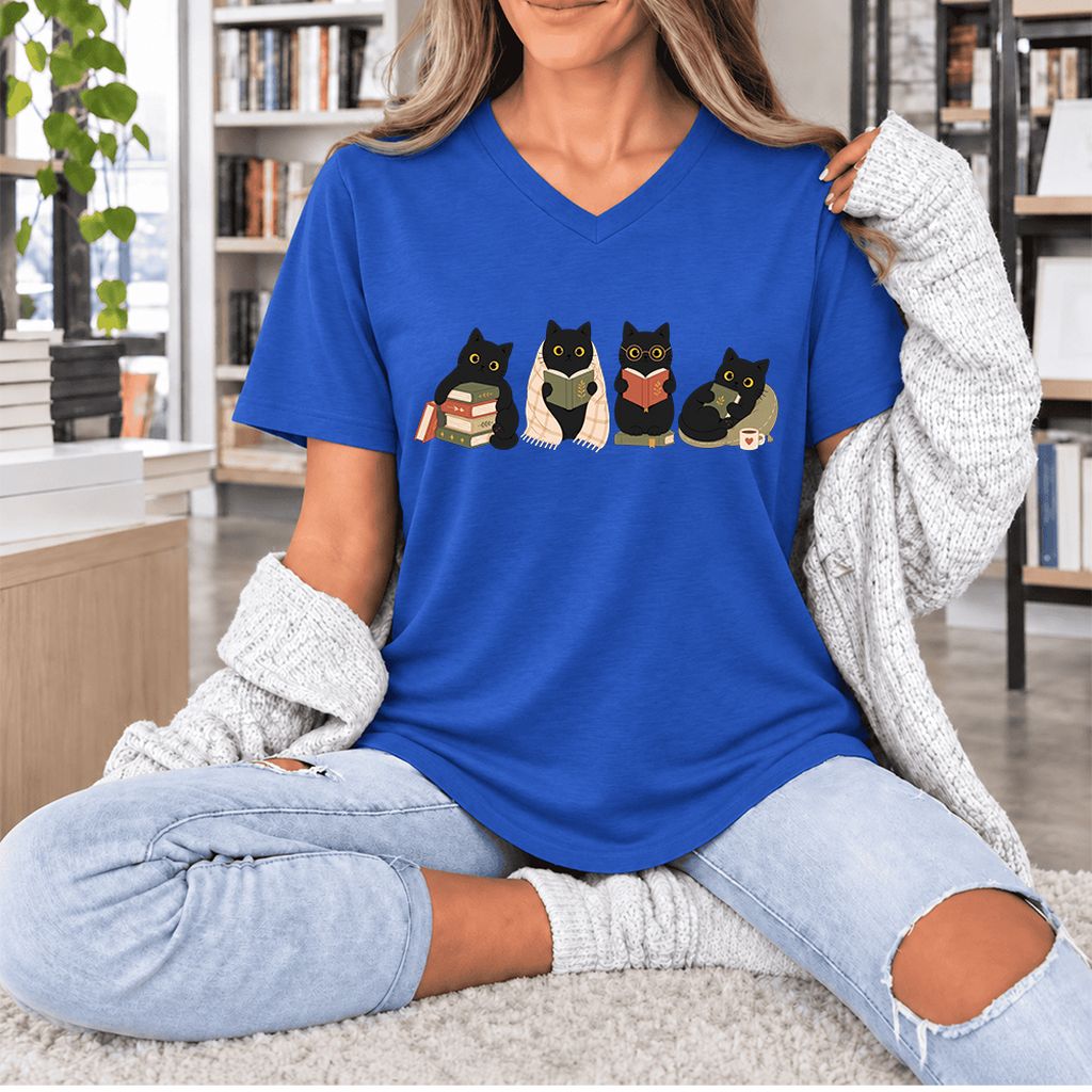 Black Cats Reading Together Ultra-Soft V-Neck | Cozy Cat Lover Gift True Royal
