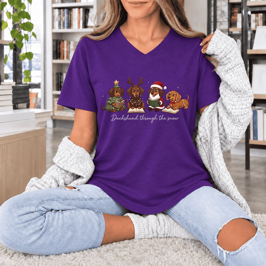 Dachshund Through The Snow Ultra-Soft V-Neck | Christmas Reader Gift Team Purple
