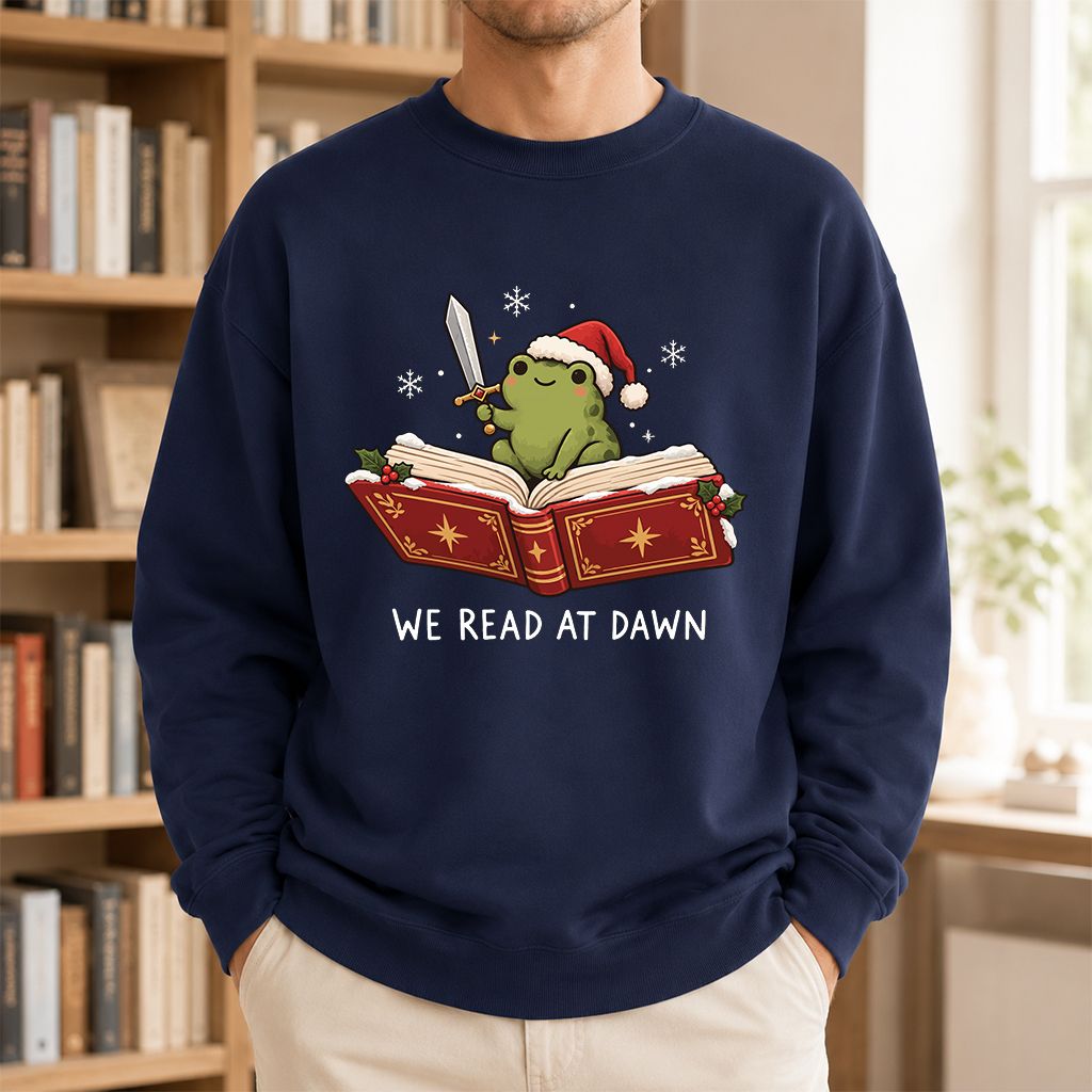 We Read At Dawn Frog Printed Sweatshirt | Christmas Book Lover Gift Navy