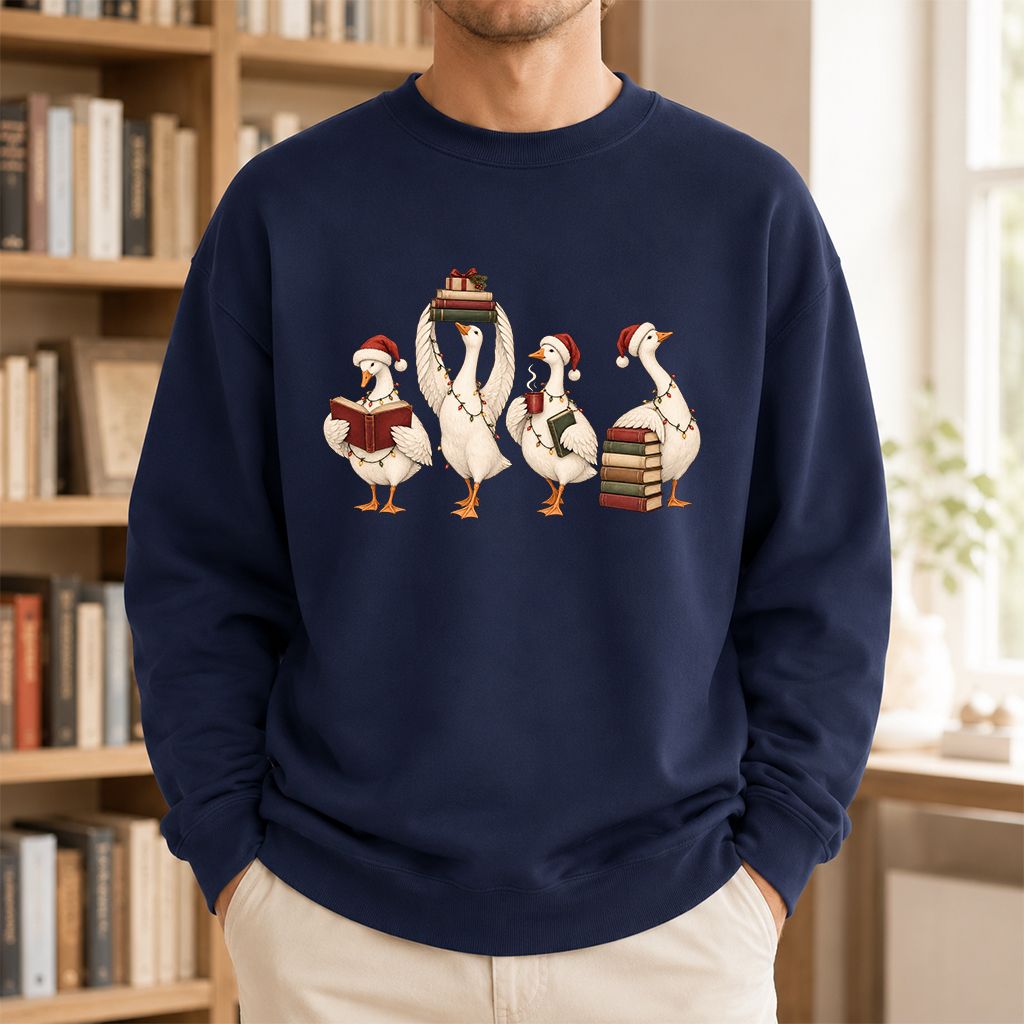 Goose Christmas Reading Printed Sweatshirt | Christmas Reader Gift Navy