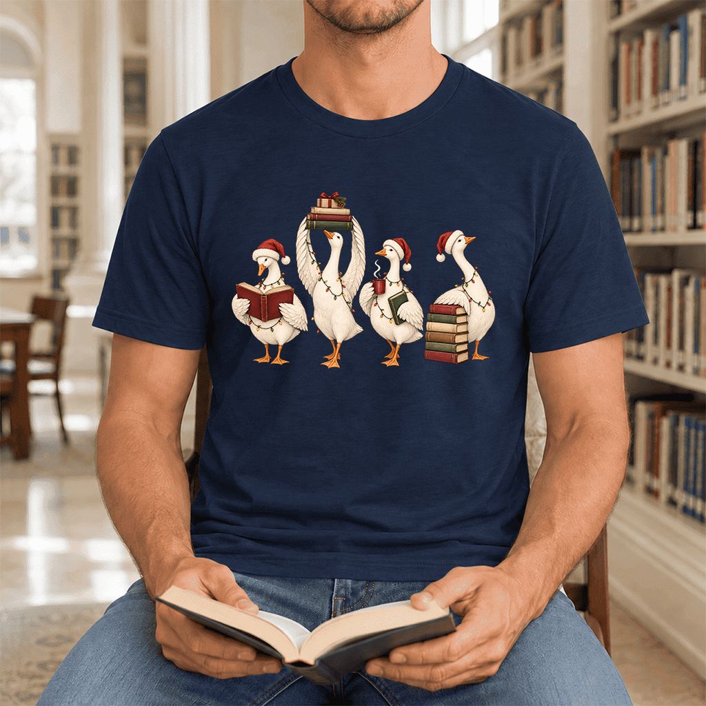 Goose Christmas Reading Ultra-Soft Cotton T-Shirt | Christmas Reader Gift Navy
