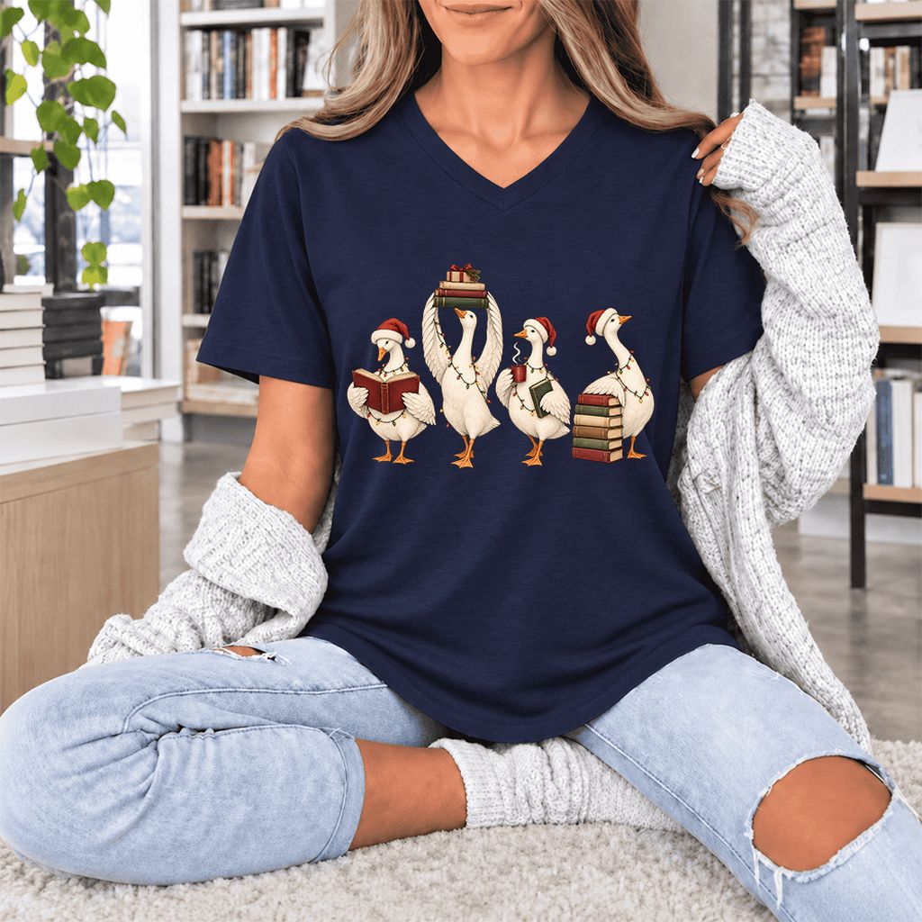 Goose Christmas Reading Ultra-Soft V-Neck | Christmas Reader Gift Navy