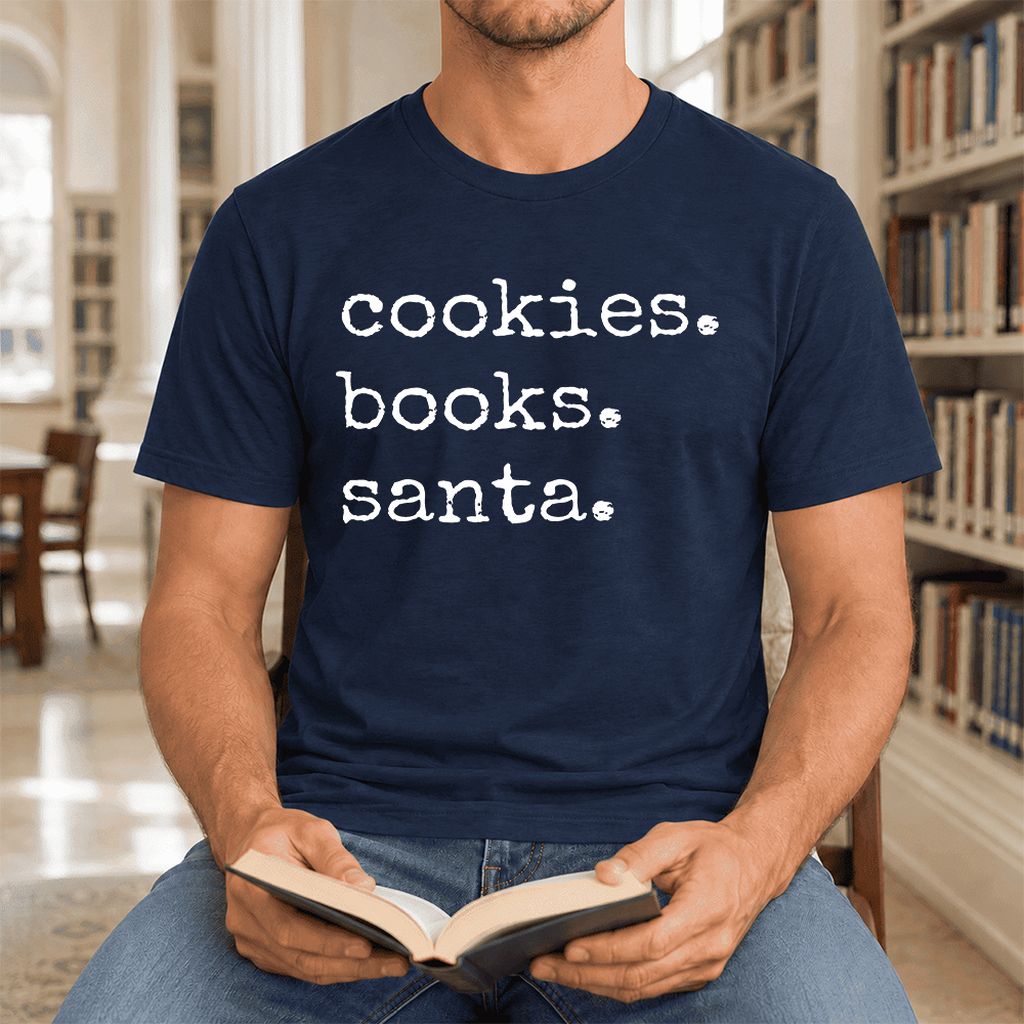 Cookies. Books. Santa. Ultra-Soft Cotton T-Shirt | Christmas Book Lover Gift Navy