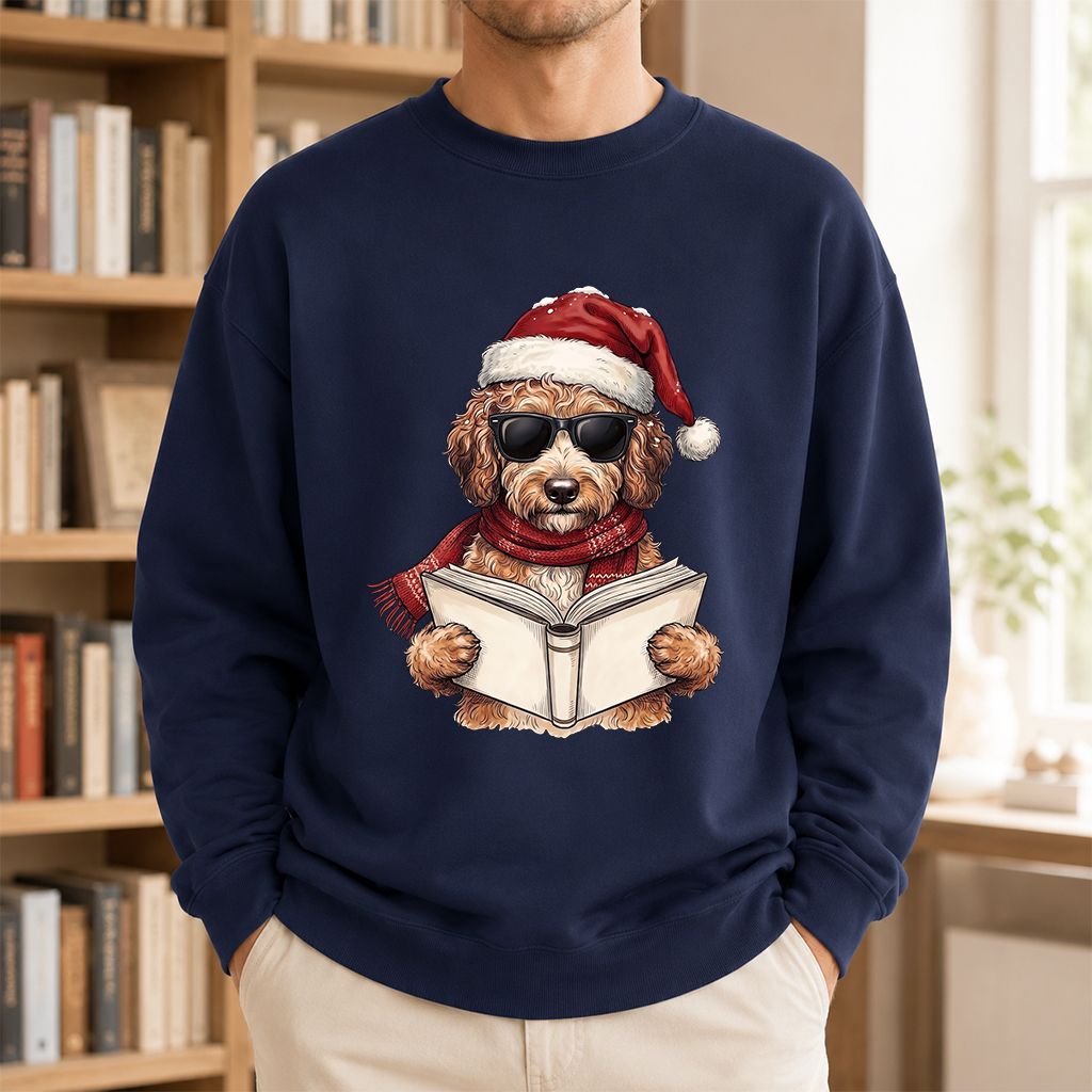 Festive Poodle Reading Printed Sweatshirt | Cozy Christmas Book Lover Gift Navy