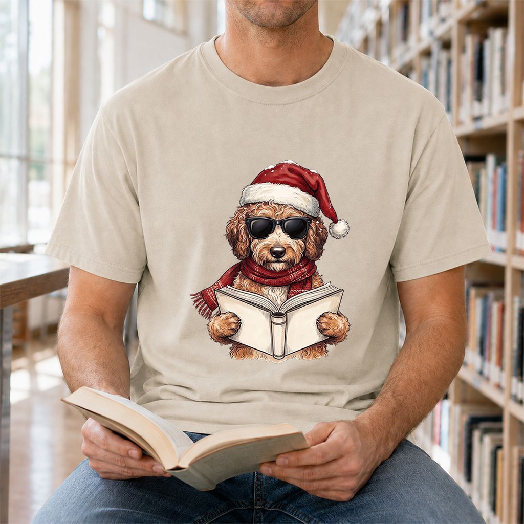 Festive Poodle Reading Printed T-Shirt | Cozy Christmas Book Lover Gift Sand