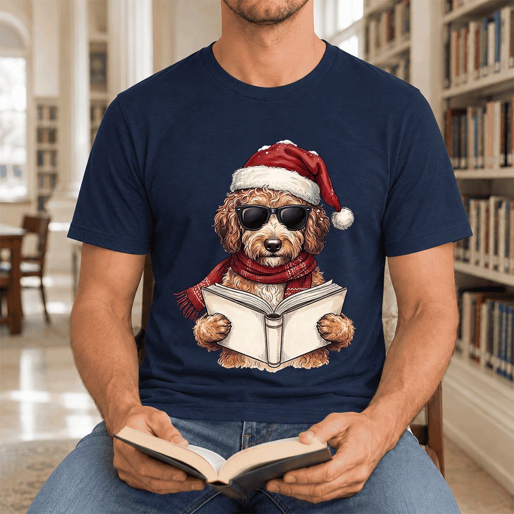 Festive Poodle Reading Ultra-Soft Cotton T-Shirt | Christmas Book Lover Gift Navy