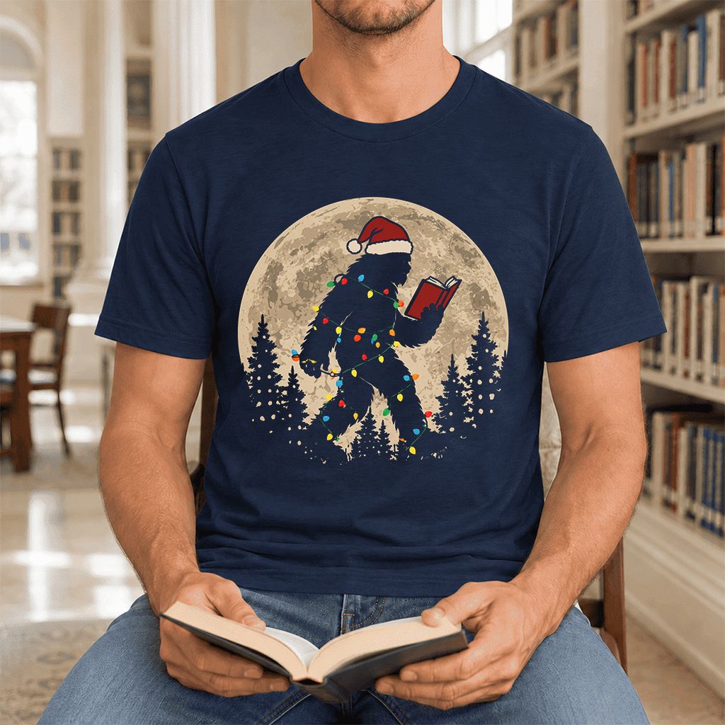 Big Foot Wearing Christmas Hat Ultra-Soft Cotton T-Shirt | Christmas Reader Gift Navy