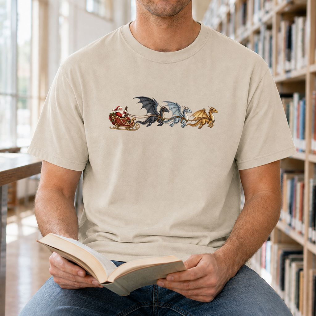 Santa Claus on Dragon Sleigh Printed T-Shirt | Christmas Reader Gift Sand