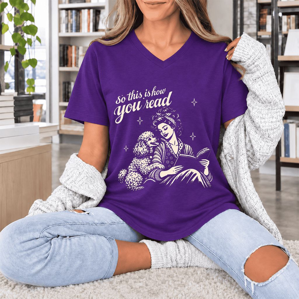 How You Read Poodle Ultra-Soft V-Neck | Dog Lover Reader Gift Team Purple