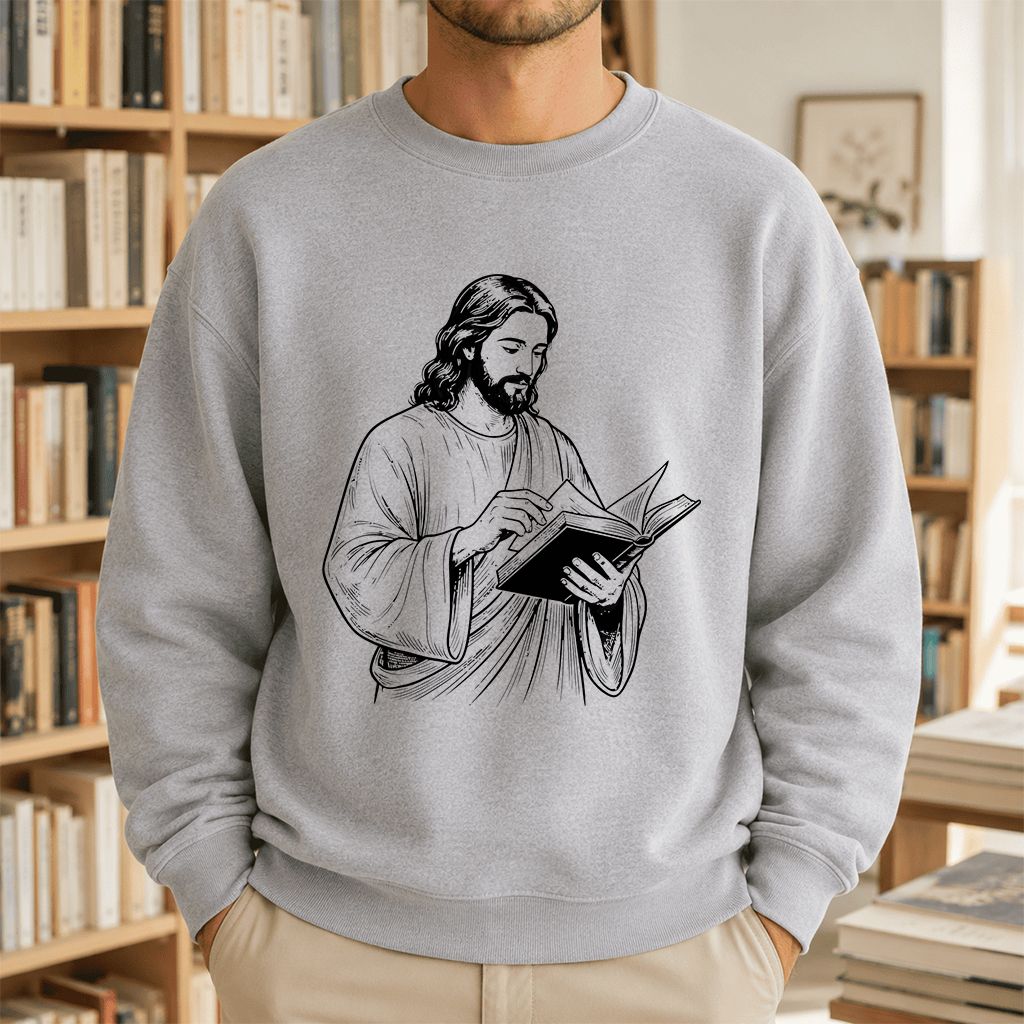 Jesus Holding An Open Book Printed Sweatshirt | Spiritual Reader Gift Sport Grey