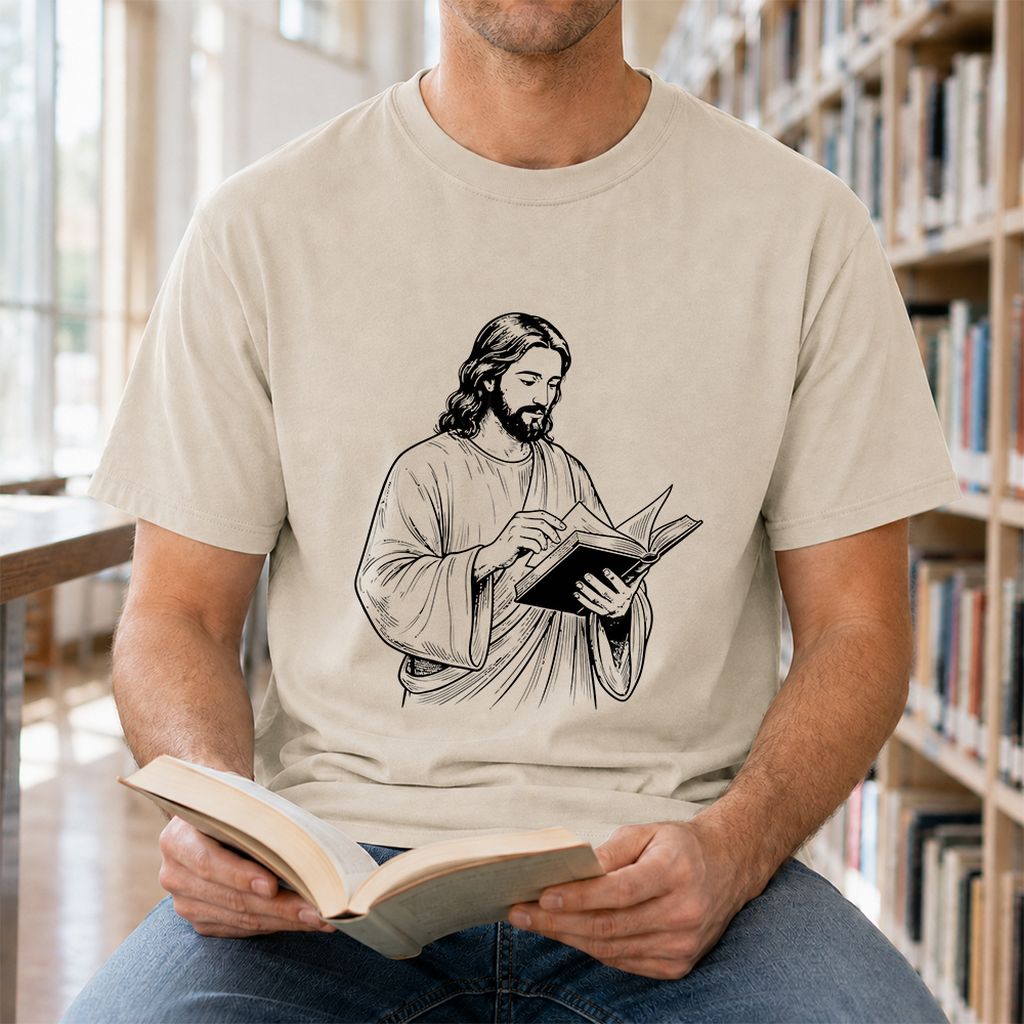 Jesus Holding An Open Book Printed T-Shirt | Spiritual Reader Gift Sand