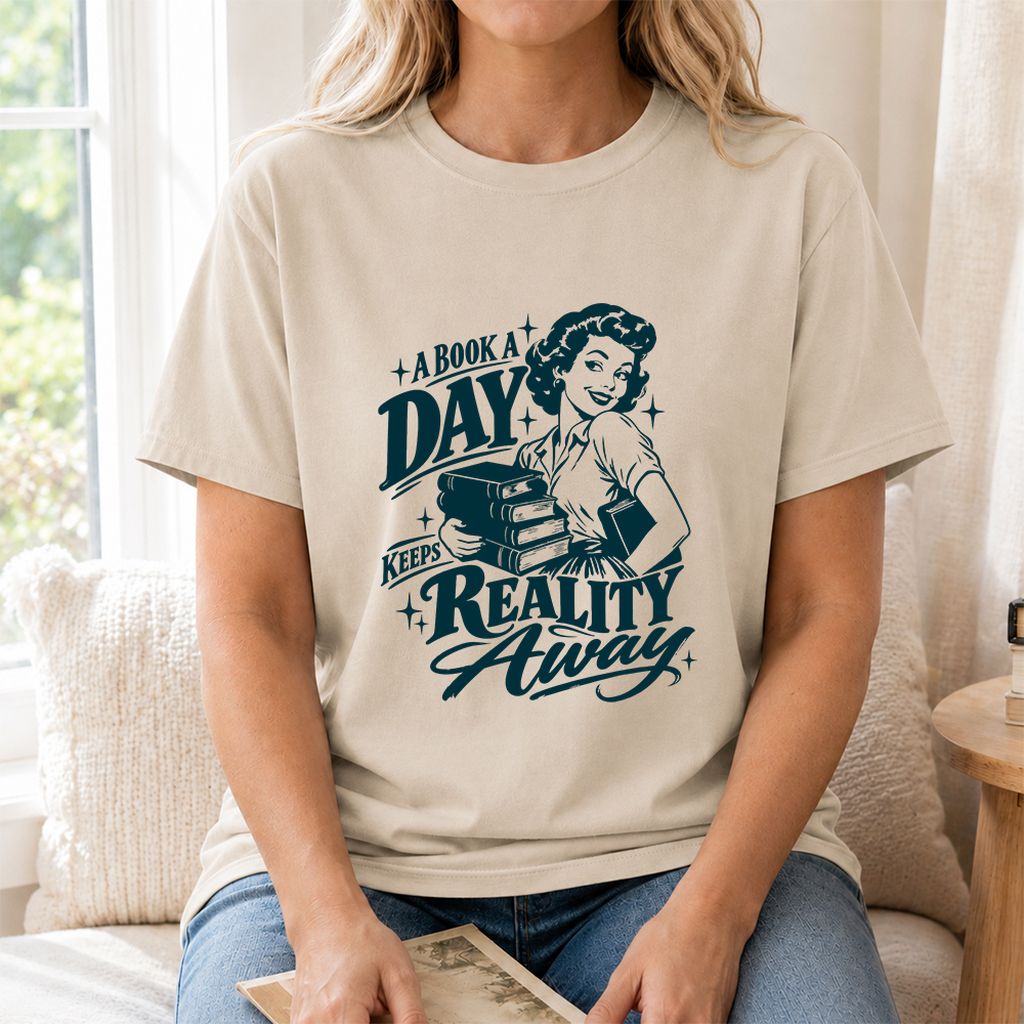 A Book A Day Keeps Reality Away Printed T-Shirt | Cozy Book Lover Gift Sand