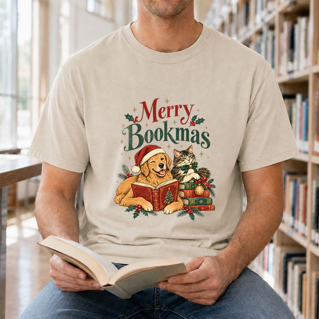 Merry Bookmas Printed T-Shirt | Christmas Reader Gift Sand