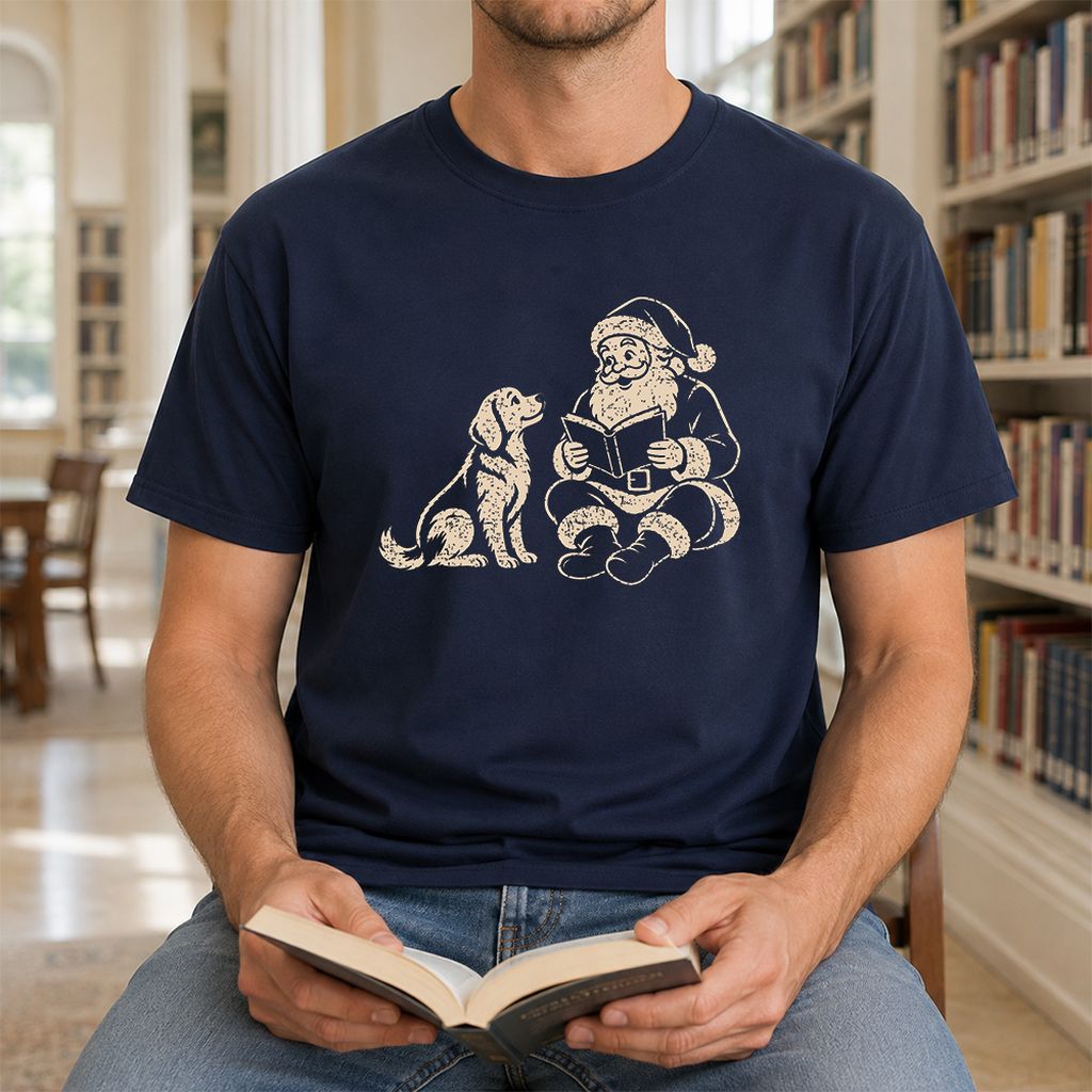 Golden Retriever And Santa Reading Printed T-Shirt | Christmas Reader Gift Navy