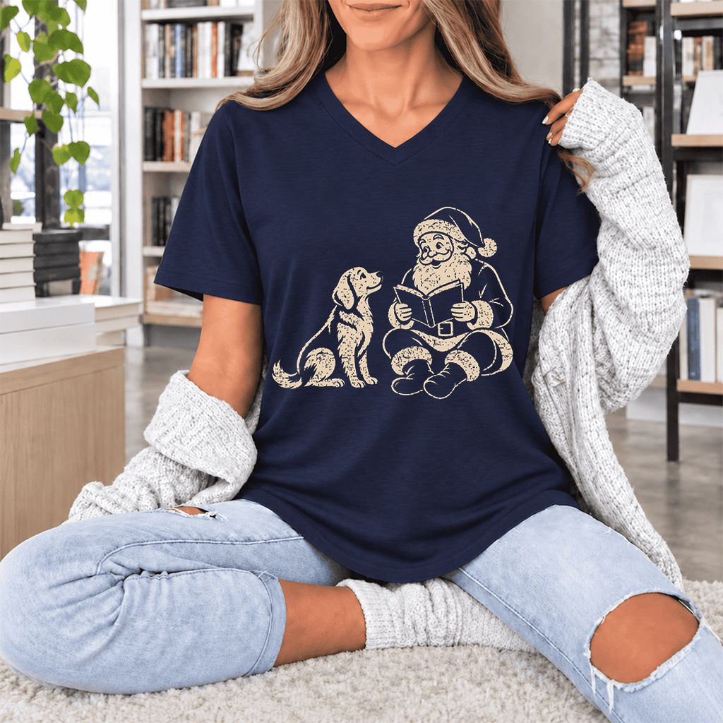 Golden Retriever And Santa Reading Ultra-Soft V-Neck | Christmas Reader Gift Navy