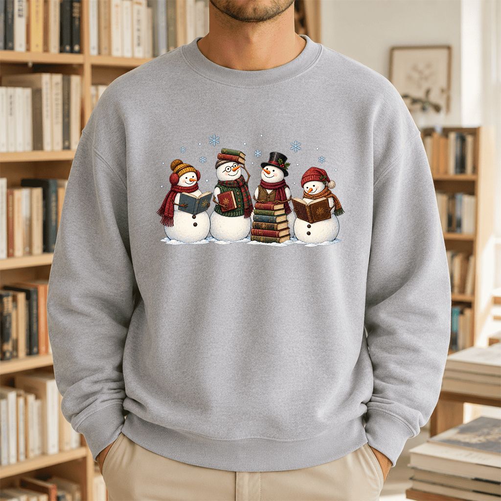 Four Snowmen Reading Printed Sweatshirt | Christmas Book Lover Gift Sport Grey