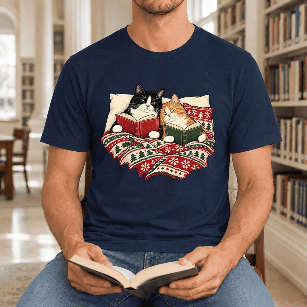 Cozy Cats Reading Christmas Ultra-Soft Cotton T-Shirt | Christmas Reader Gift Navy