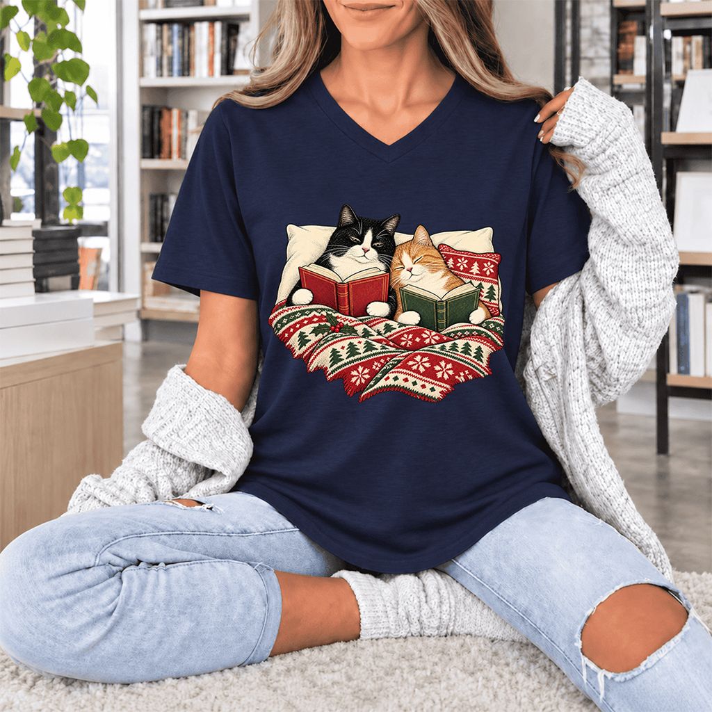 Cozy Cats Reading Under The Christmas Blanket Ultra-Soft V-Neck | Reader Gift Navy