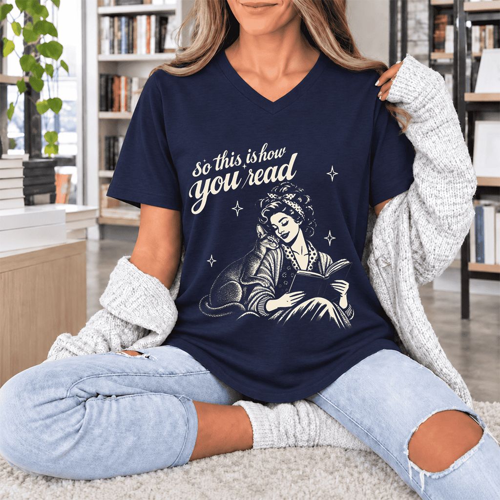 How You Read Abyssinian Ultra-Soft V-Neck | Cat Lover Reader Gift Navy