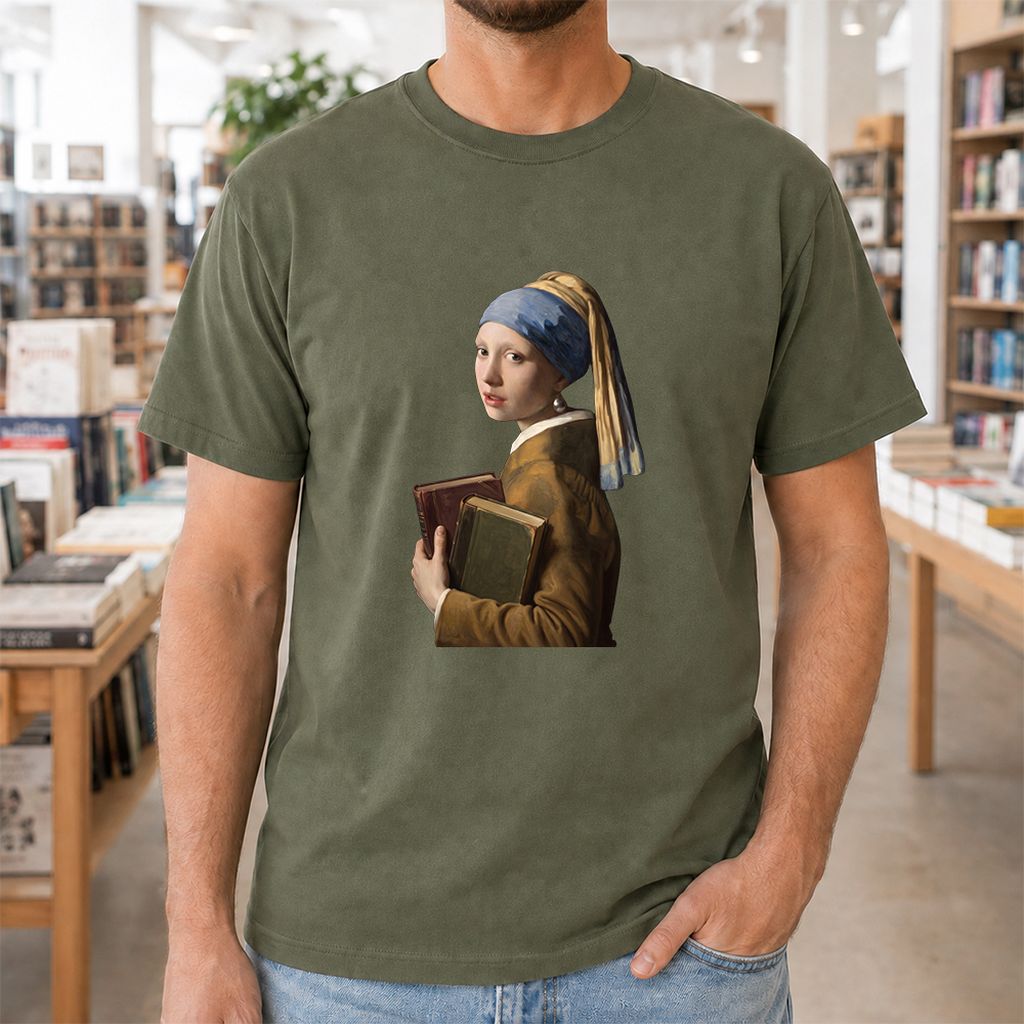 Bookish Girl with a Pearl Earring Printed T-Shirt | Reader Gift Military Green
