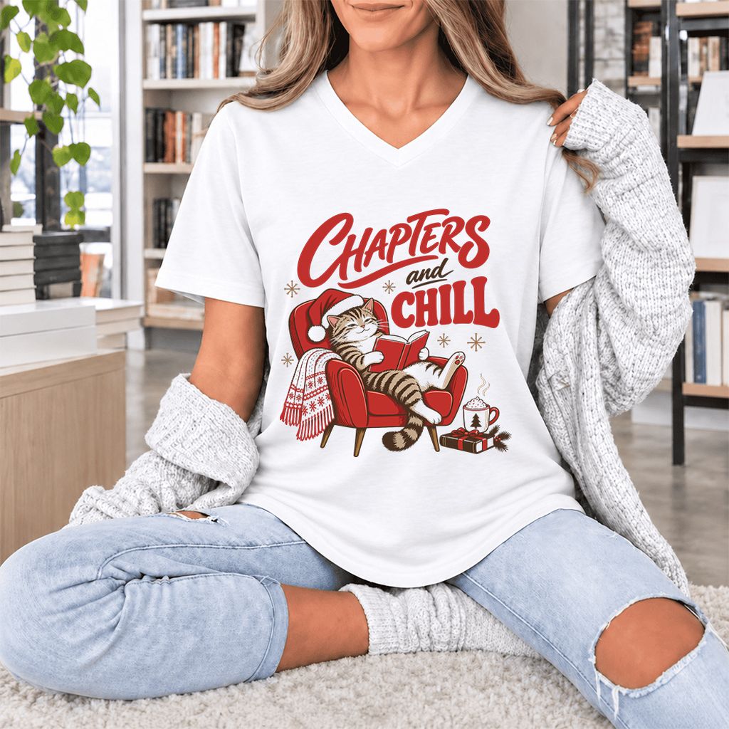Chapters And Chill Ultra-Soft V-Neck | Christmas Reader Gift White
