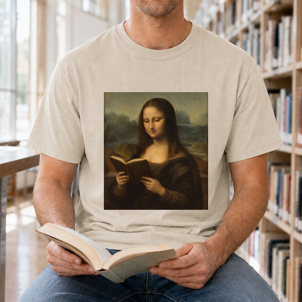 Mona Lisa Reading Printed T-Shirt | Literary Home Reader Gift Sand