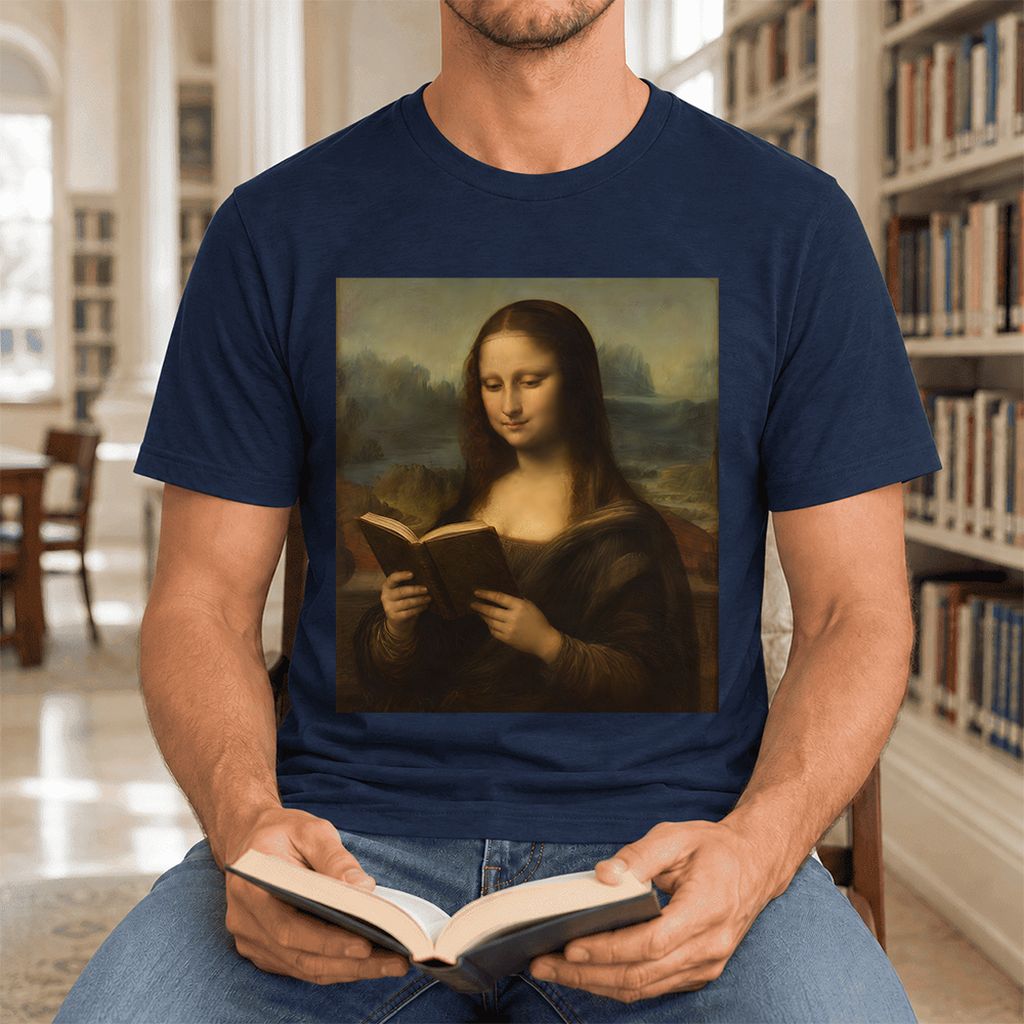 Mona Lisa Reading Ultra-Soft Cotton T-Shirt | Literary Home Reader Gift Navy