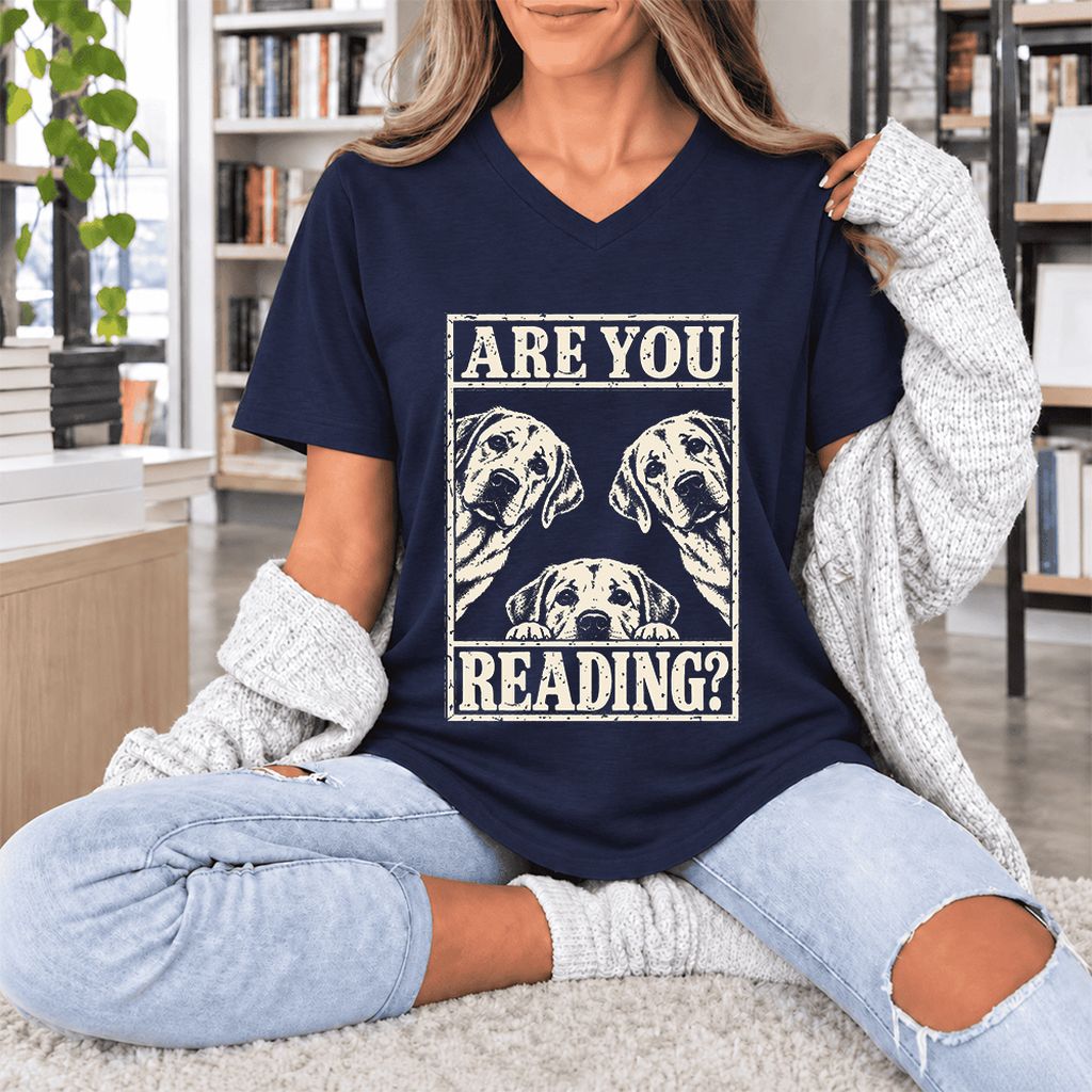 ARE YOU READING Labrador Retriever Ultra-Soft V-Neck | Dog Mom Reader Gift Navy