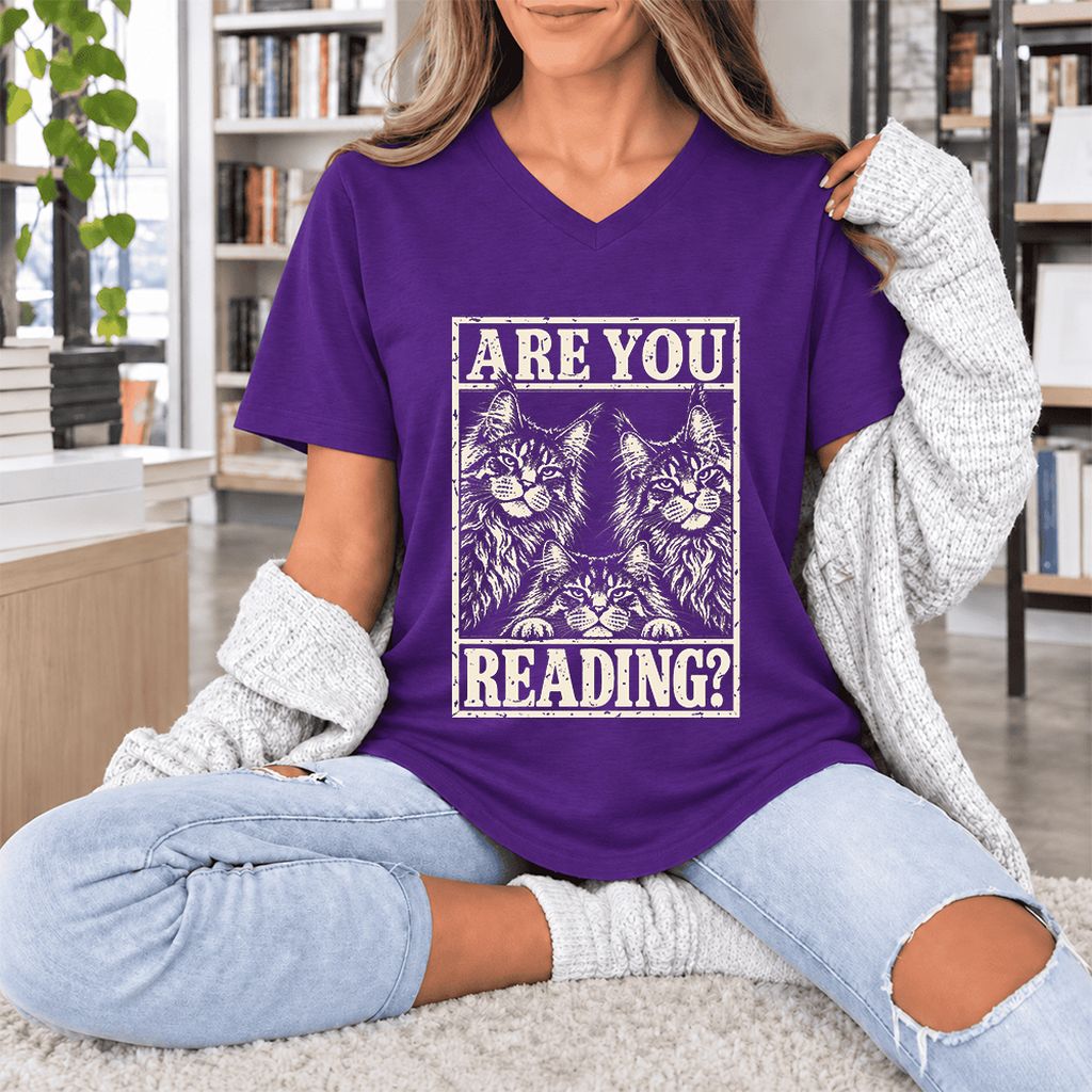 ARE YOU READING Maine Coon Ultra-Soft V-Neck | Cat Lover Reader Gift Team Purple