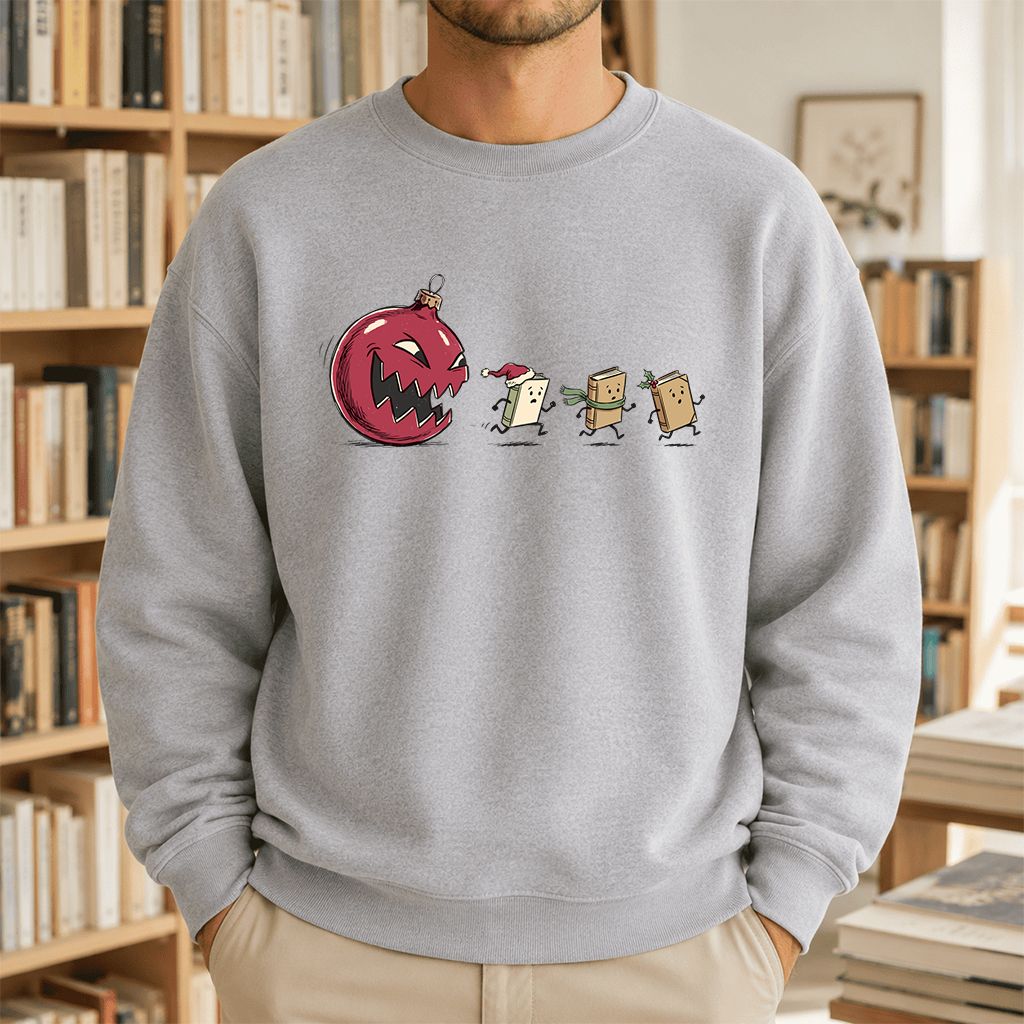 Christmas Book Chase Printed Sweatshirt | Holiday Book Lover Gift Sport Grey