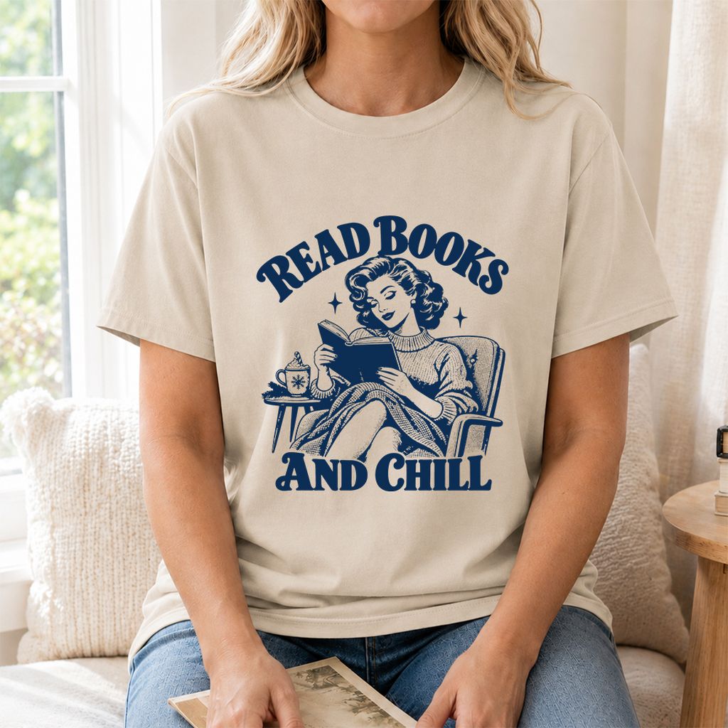 READ BOOKS AND CHILL Printed T-Shirt | Cozy Book Lover Gift Sand