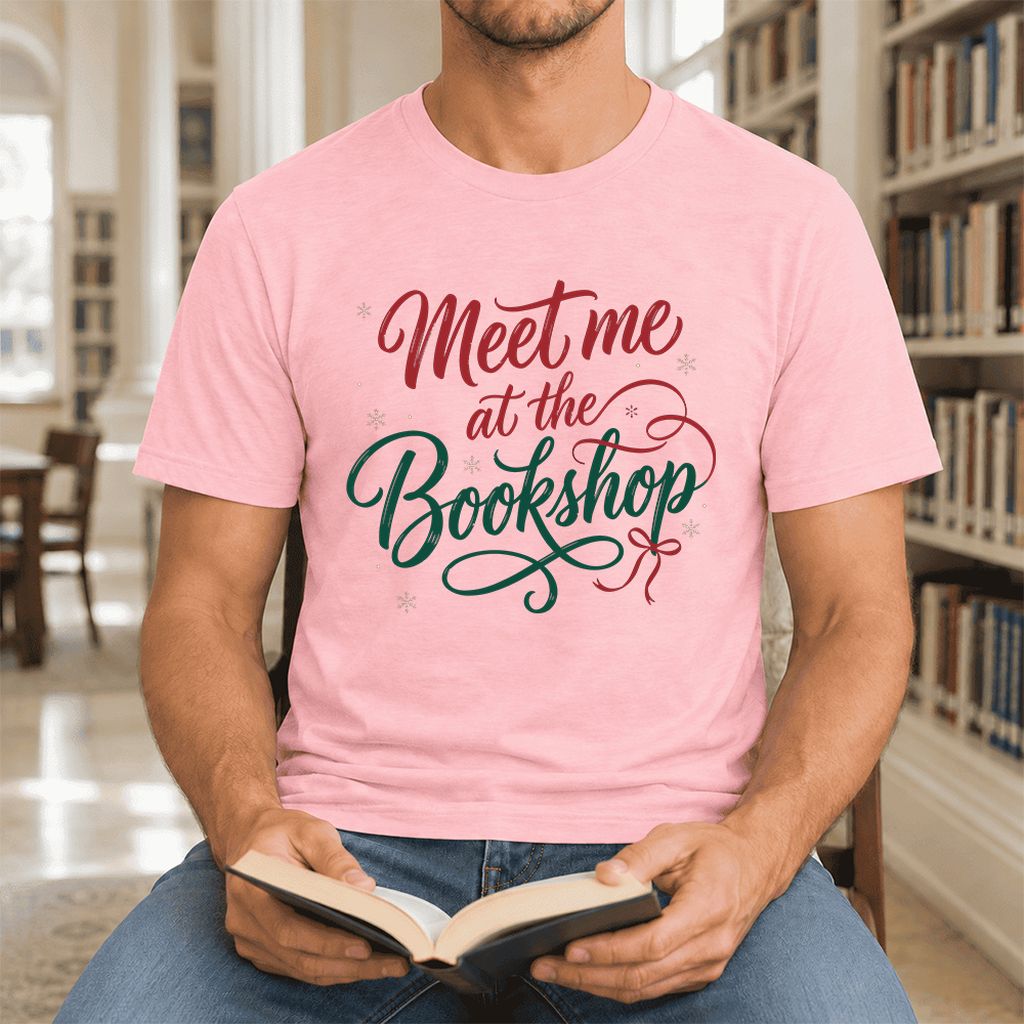 Meet Me At The Bookshop Ultra-Soft Cotton T-Shirt | Christmas Reader Gift Pink